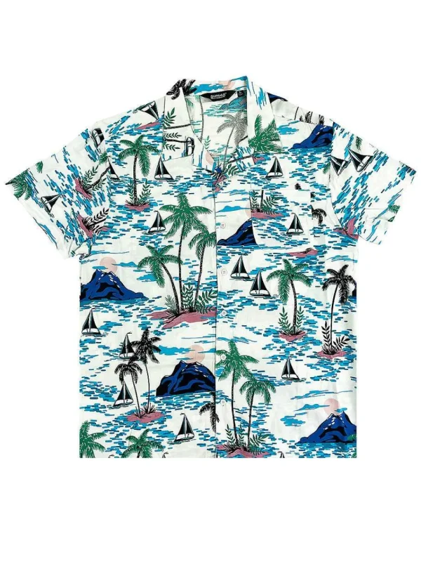 Buffalo Outdoors Button Down Shirts^® Workwear Men's Button Down All-Over Print Camp Shirts-Blue Hawaii