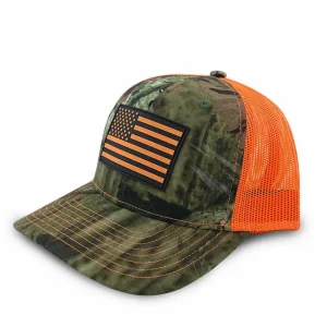 Buffalo Outdoors Trucker Hats^® Workwear Hi-Vis Flag Patch Premium Camo Trucker Hat-Orange