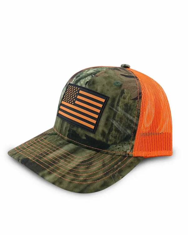 Buffalo Outdoors Trucker Hats^® Workwear Hi-Vis Flag Patch Premium Camo Trucker Hat-Orange