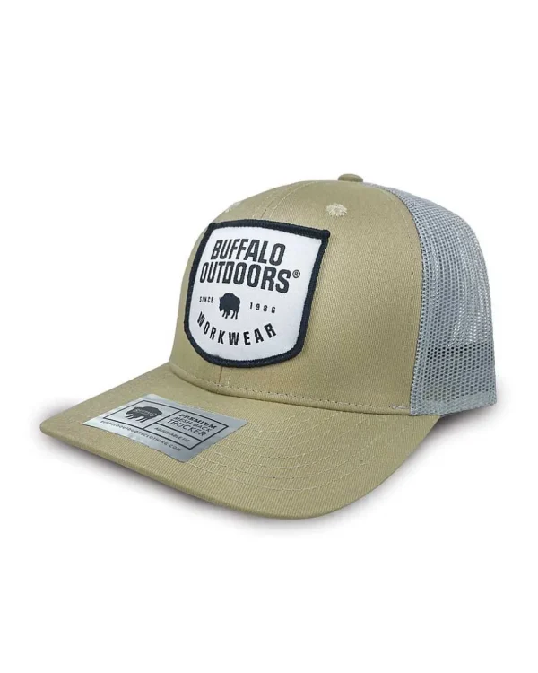 Buffalo Outdoors Trucker Hats^® Workwear Woven Color Patch Trucker Hat-Khaki/Grey