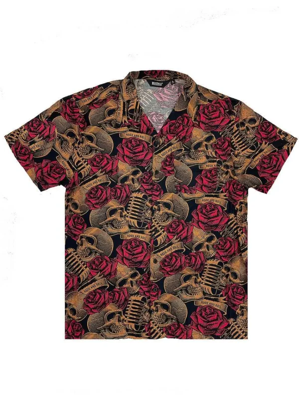 Buffalo Outdoors Button Down Shirts^® Workwear Men's Button Down All-Over Print Camp Shirts -Skulls N' Roses