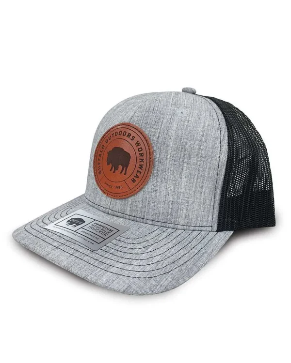 Buffalo Outdoors Trucker Hats^® Workwear Circle Patch Trucker Hat- Heather Grey/Black