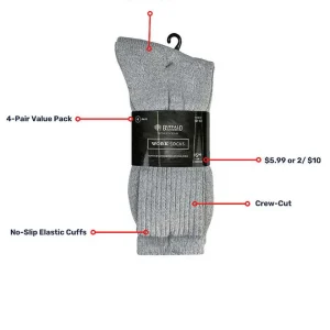 Buffalo Outdoors Socks^® Workwear Men's Crew Work Socks 4-Pack-Heather Grey