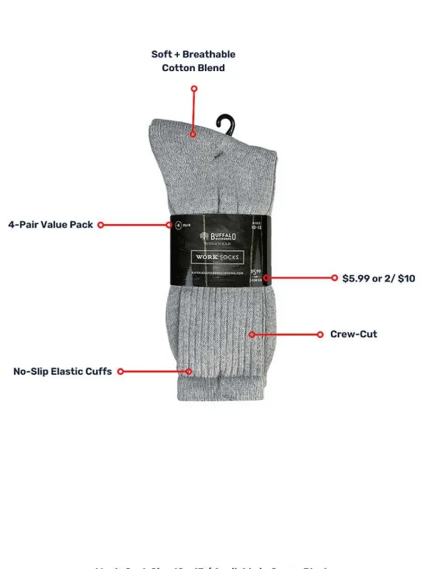 Buffalo Outdoors Socks^® Workwear Men's Crew Work Socks 4-Pack-Heather Grey