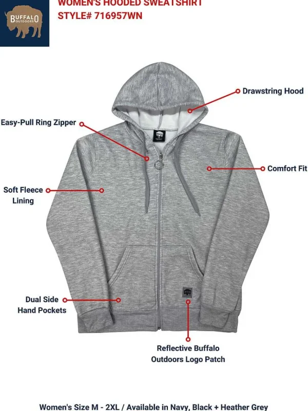 Buffalo Outdoors Tops^® Workwear Women's Hooded Sweatshirt-Heather Grey