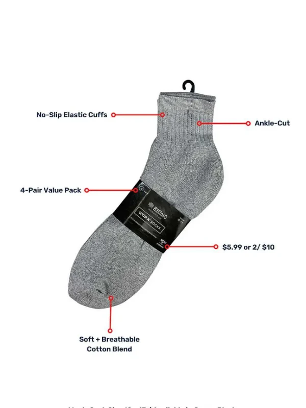 Buffalo Outdoors Socks^® Workwear Men's Ankle Work Socks 4-Pack-Heather Grey