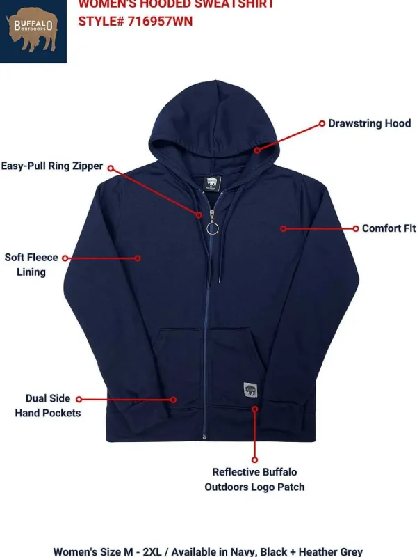 Buffalo Outdoors Tops^® Workwear Women's Hooded Sweatshirt-Navy Blue