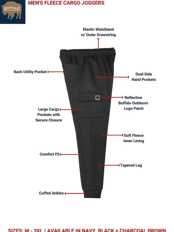 Buffalo Outdoors Pants^® Workwear Men's Fleece Cargo Joggers-Charcoal