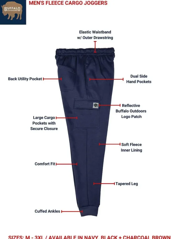 Buffalo Outdoors Pants^® Workwear Men's Fleece Cargo Joggers-Navy