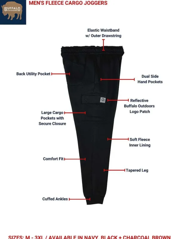 Buffalo Outdoors Pants^® Workwear Men's Fleece Cargo Joggers-Black