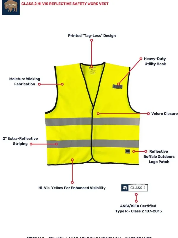 Buffalo Outdoors Vests^® Workwear Class 2 Hi Vis Reflective Safety Work Vest-Yellow