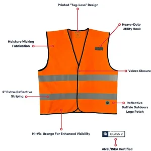 Buffalo Outdoors Vests^® Workwear Class 2 Hi Vis Reflective Safety Work Vest-Orange