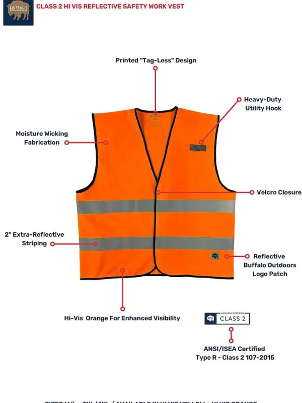 Buffalo Outdoors Vests^® Workwear Class 2 Hi Vis Reflective Safety Work Vest-Orange